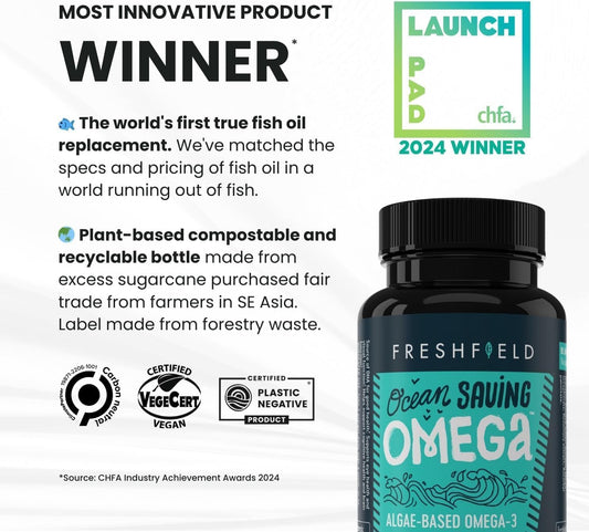 Close-up of Freshfield vegan DHA + DPA soft gel capsules