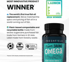 Close-up of Freshfield vegan DHA + DPA soft gel capsules