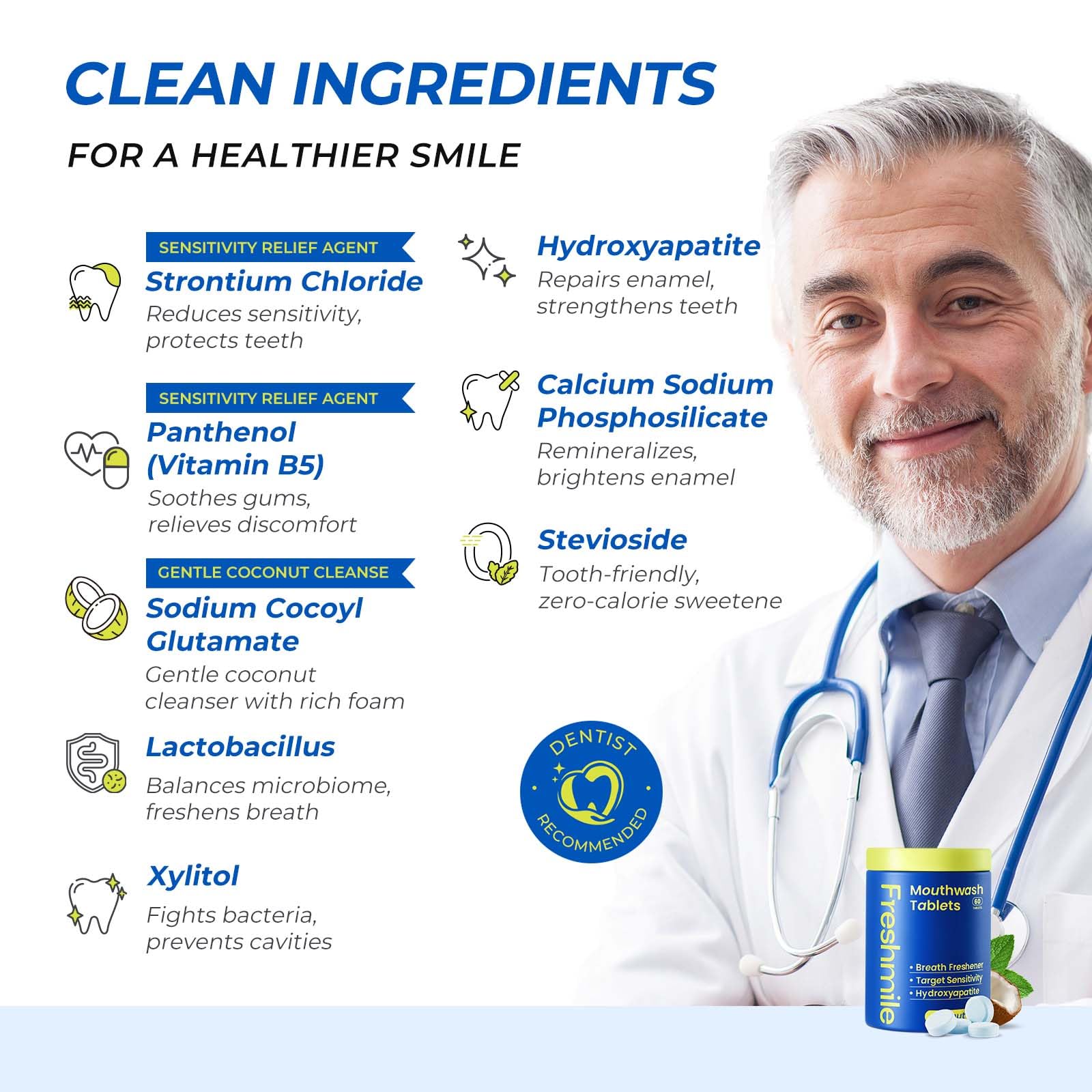 Nano-hydroxyapatite (NHA) and Xylitol ingredients in Freshmile tablets