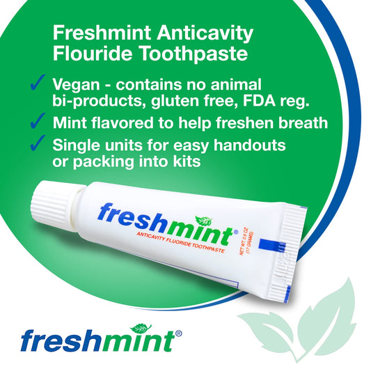 Case of 144 Freshmint toothpaste tubes (front view)