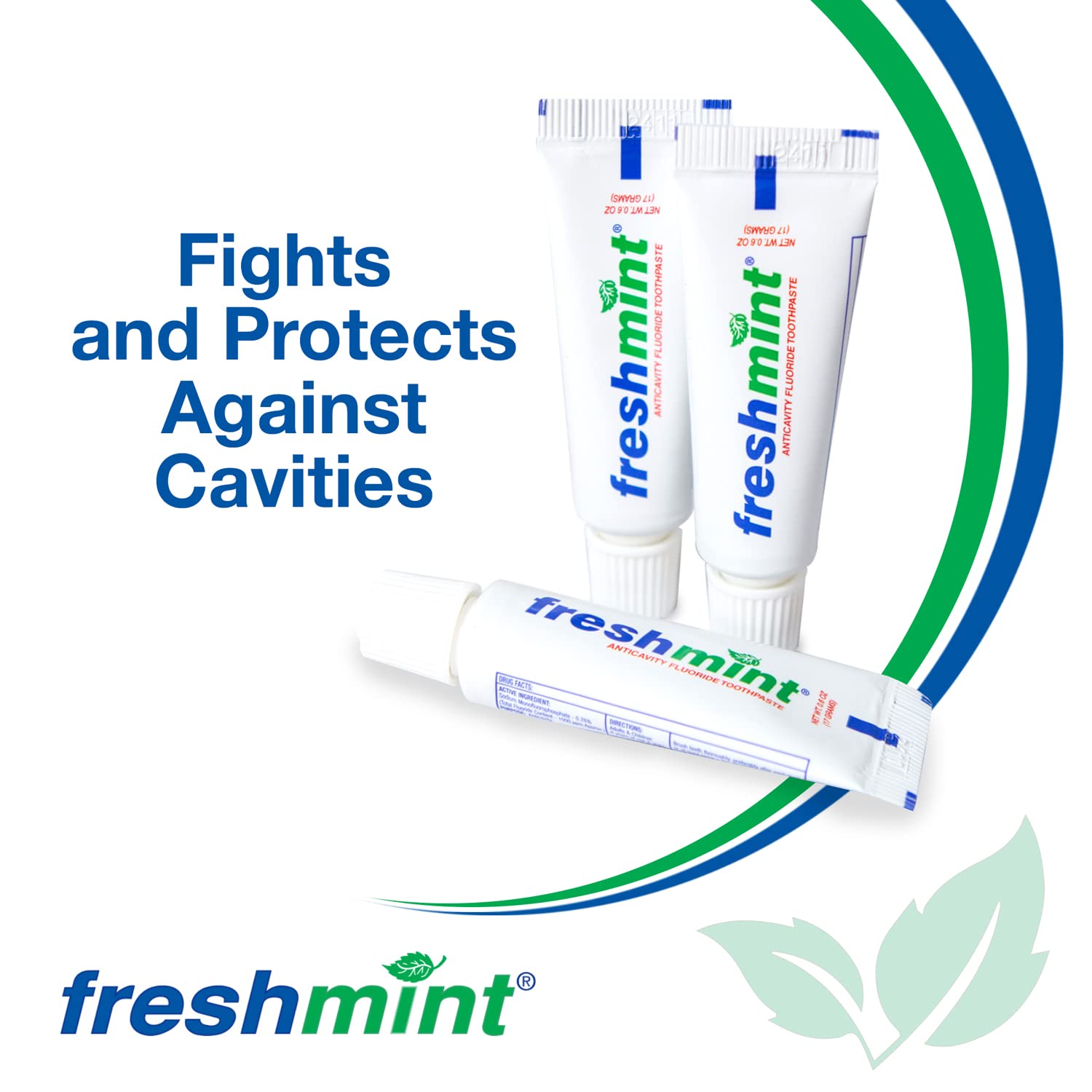 Freshmint toothpaste tubes close-up, travel size (0.6 oz each)