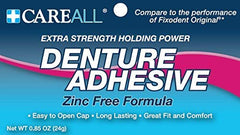 Close-up of Freshmint zinc-free denture adhesive squeeze tube with easy-open cap