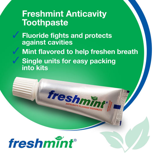 Metallic tubes of Freshmint toothpaste displayed in a 144-tube pack