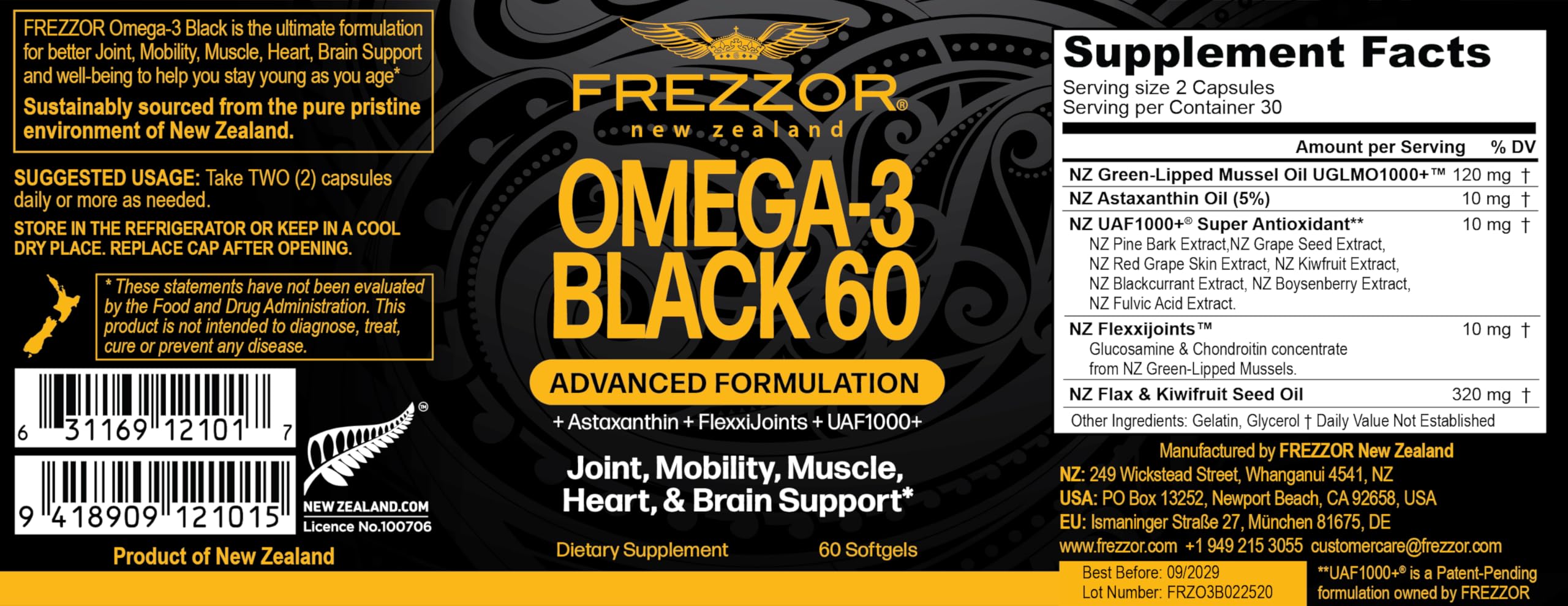 FREZZOR Omega-3 Black packaging and label details