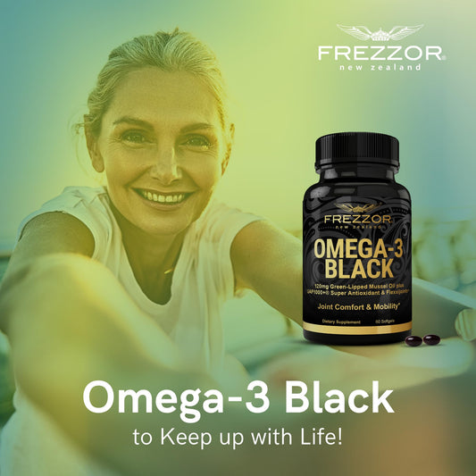 Close-up of FREZZOR Omega-3 Black softgels