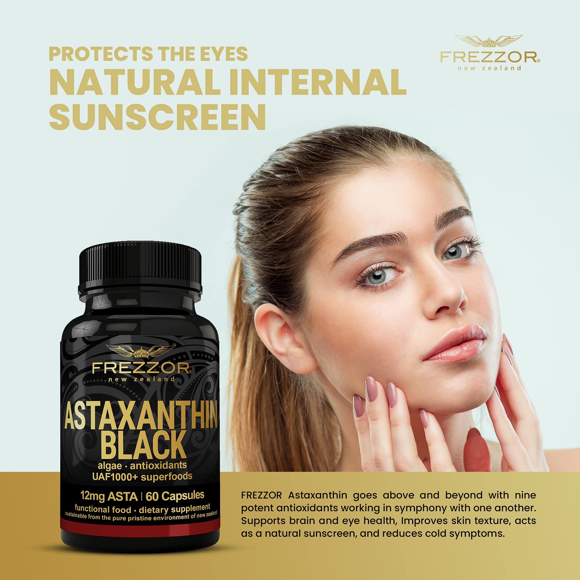 Side view of FREZZOR Astaxanthin Black bottle