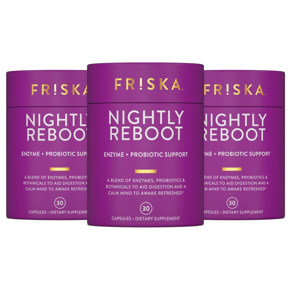 FRISKA Nightly Reboot bottle front showing 90 capsules for nightly digestion support.