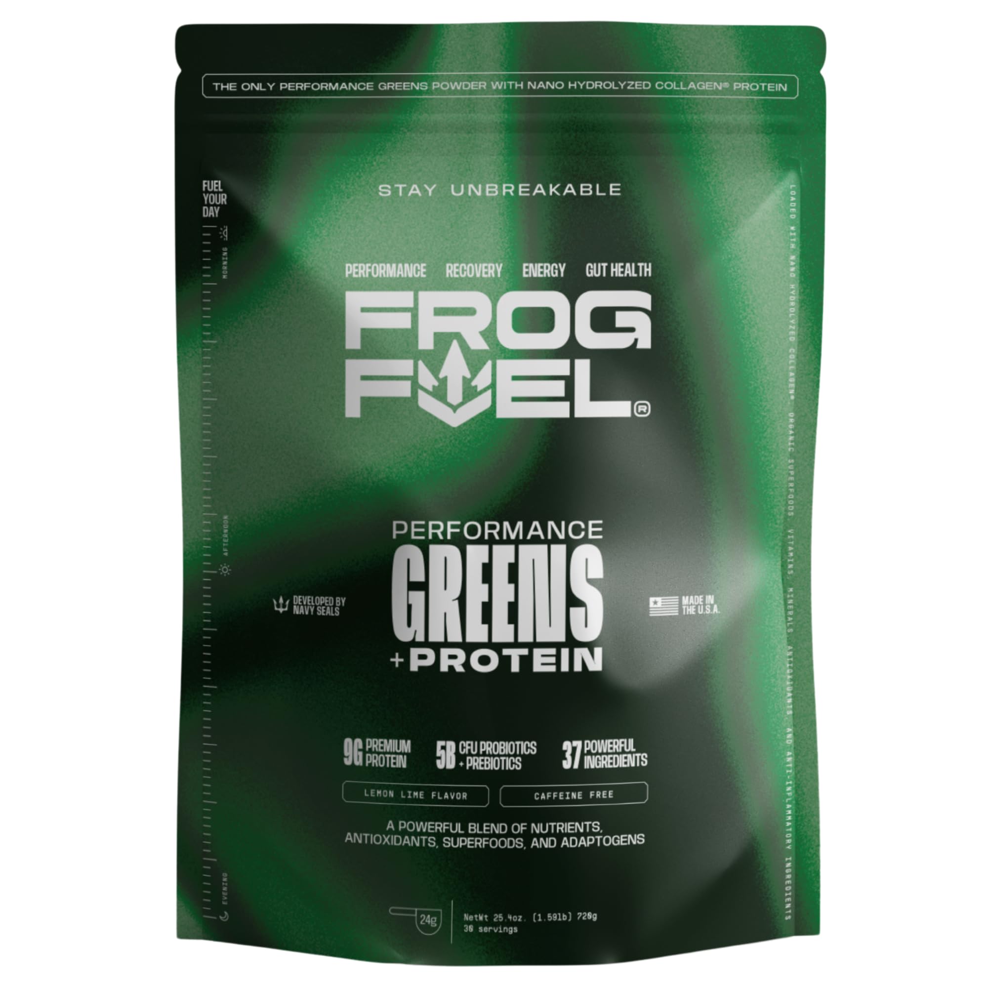 Frog Fuel Performance Greens tub label highlighting ingredients for post-workout recovery support