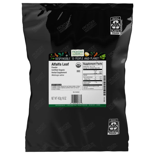 Frontier Co-op Organic Alfalfa Leaf Powder in a 1 lb bulk bag