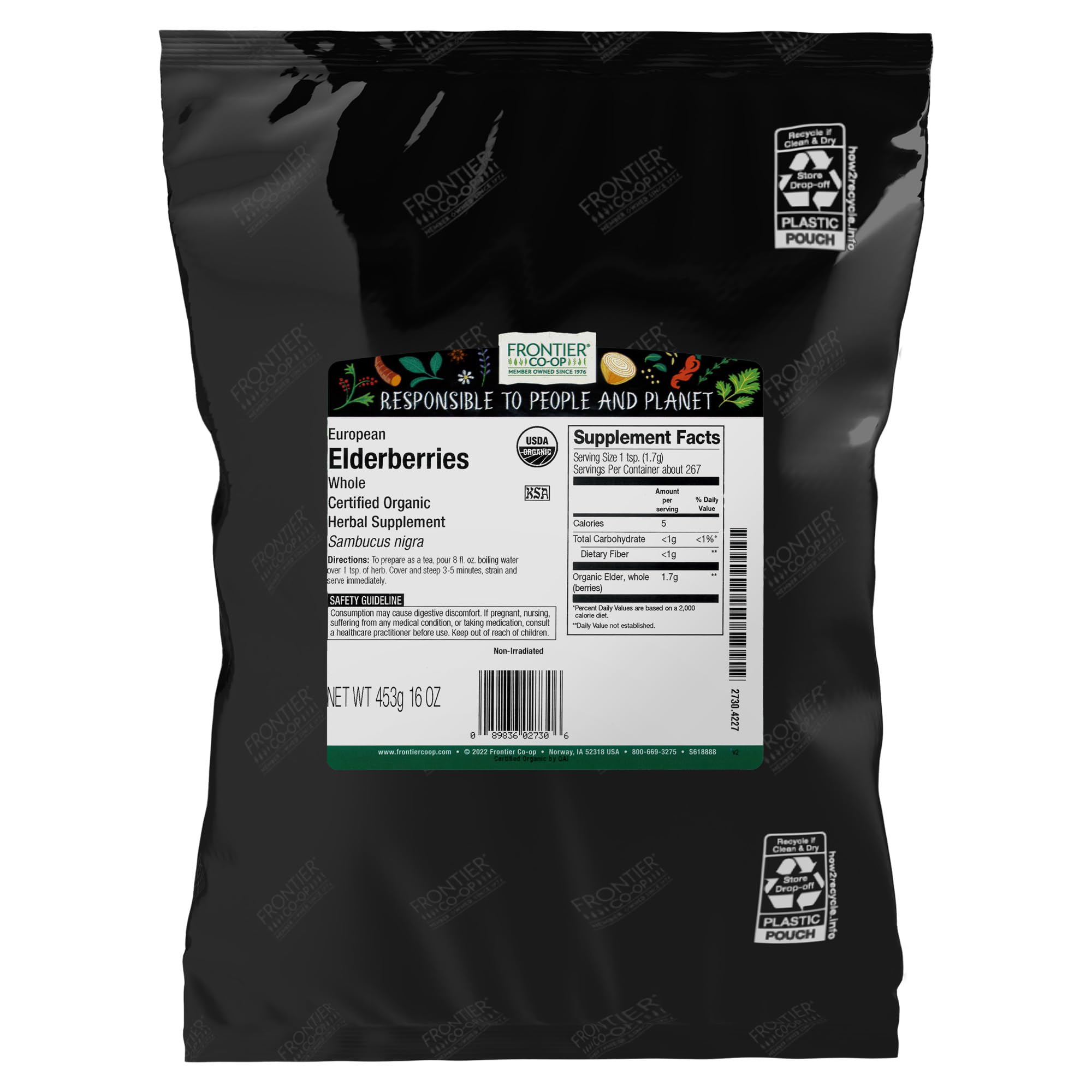 Frontier Co-op Organic Dried Elderberries 2lb bulk bag front view