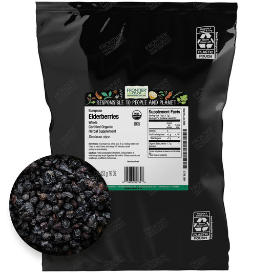 Frontier Co-op Organic Dried Elderberries 1lb bulk bag with European whole berries