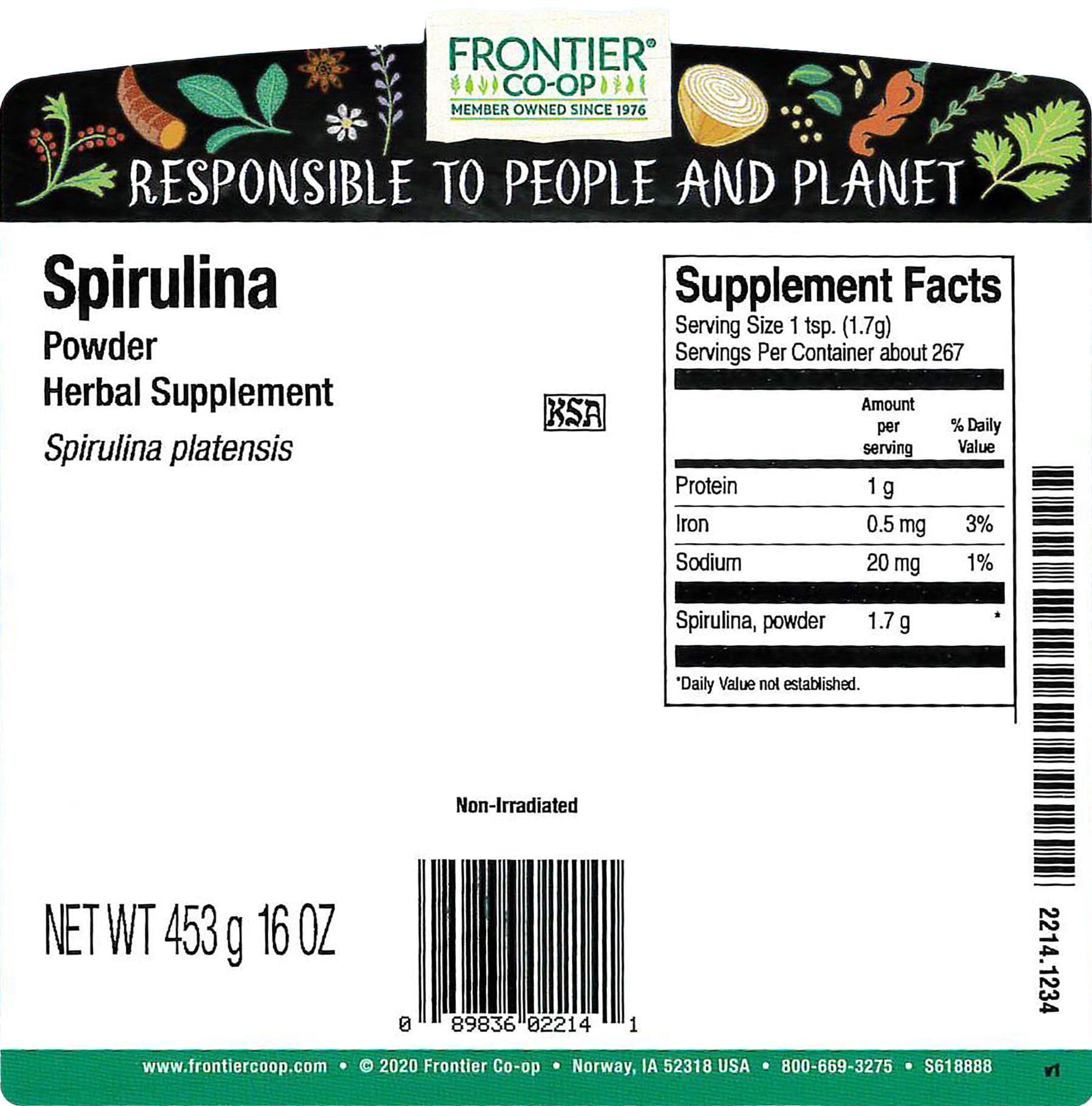 Frontier Co-op Spirulina Powder 1 lb bulk bag - back label