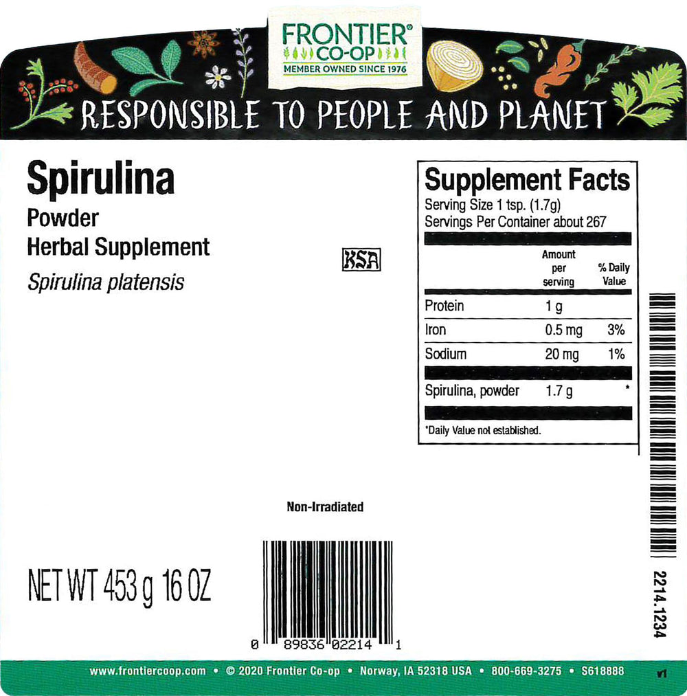 Frontier Co-op Spirulina Powder 1 lb bulk bag - back label