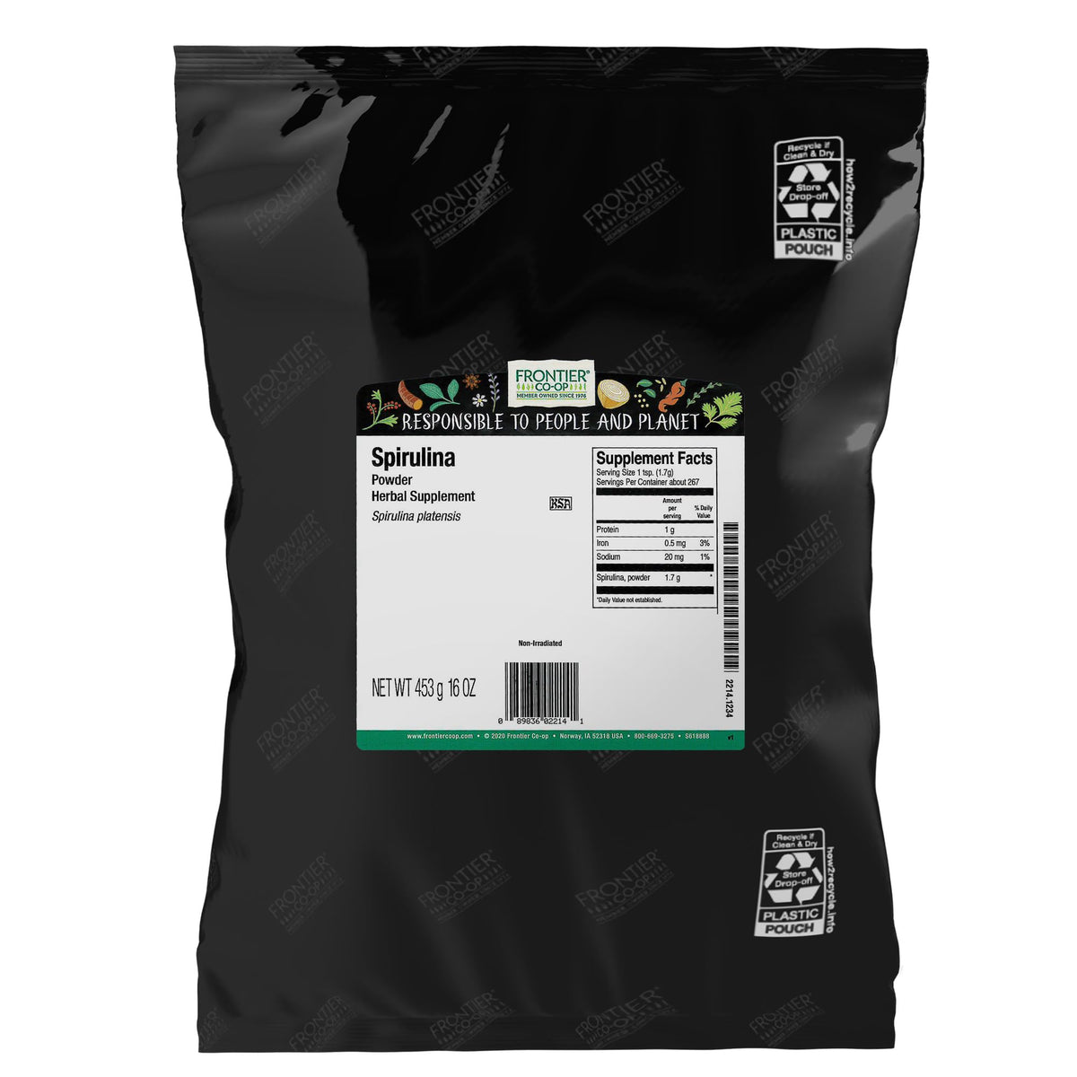 Frontier Co-op Spirulina Powder 1 lb bulk bag - front view