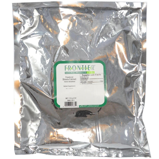 Bulk packaging image of Frontier Co-op Stevia extract powder in white