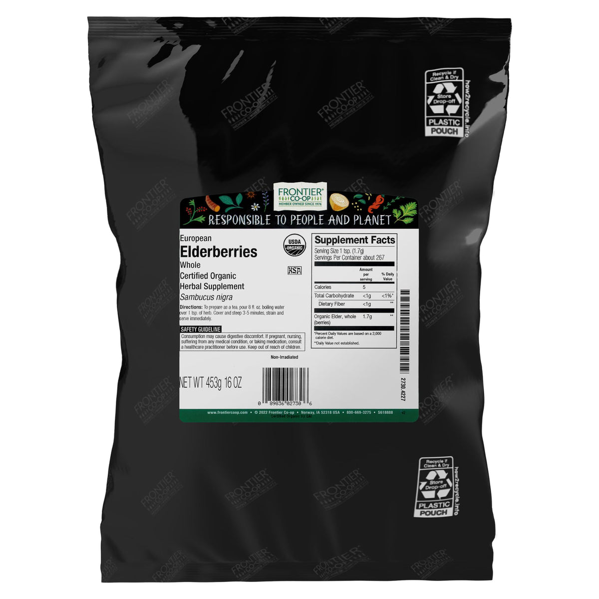 Frontier Co-op Organic Dried Elderberries - 1lb bulk bag