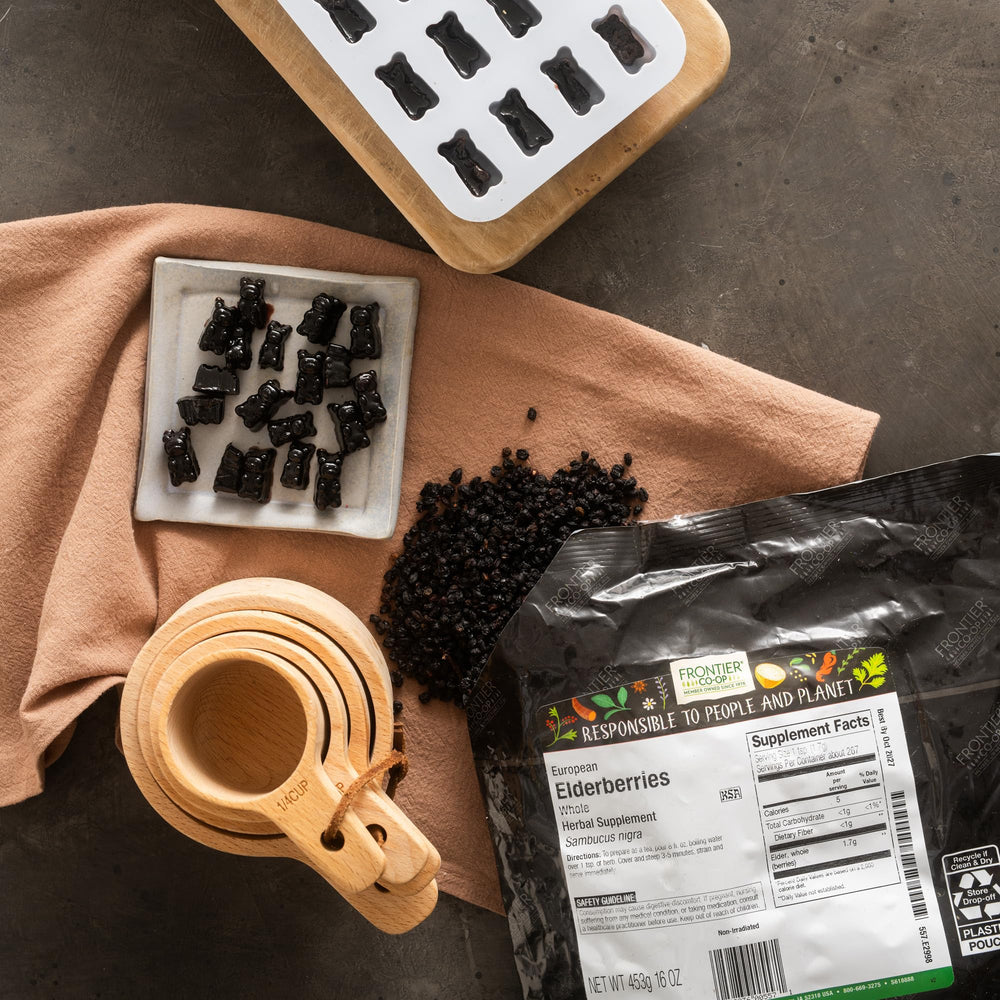 Close-up of dried elderberries from Frontier Co-op