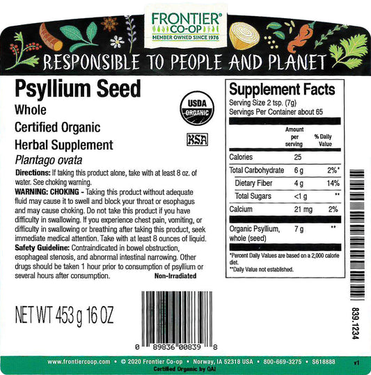 Frontier Co-op Organic Whole Psyllium Seed 1lb - product label close-up