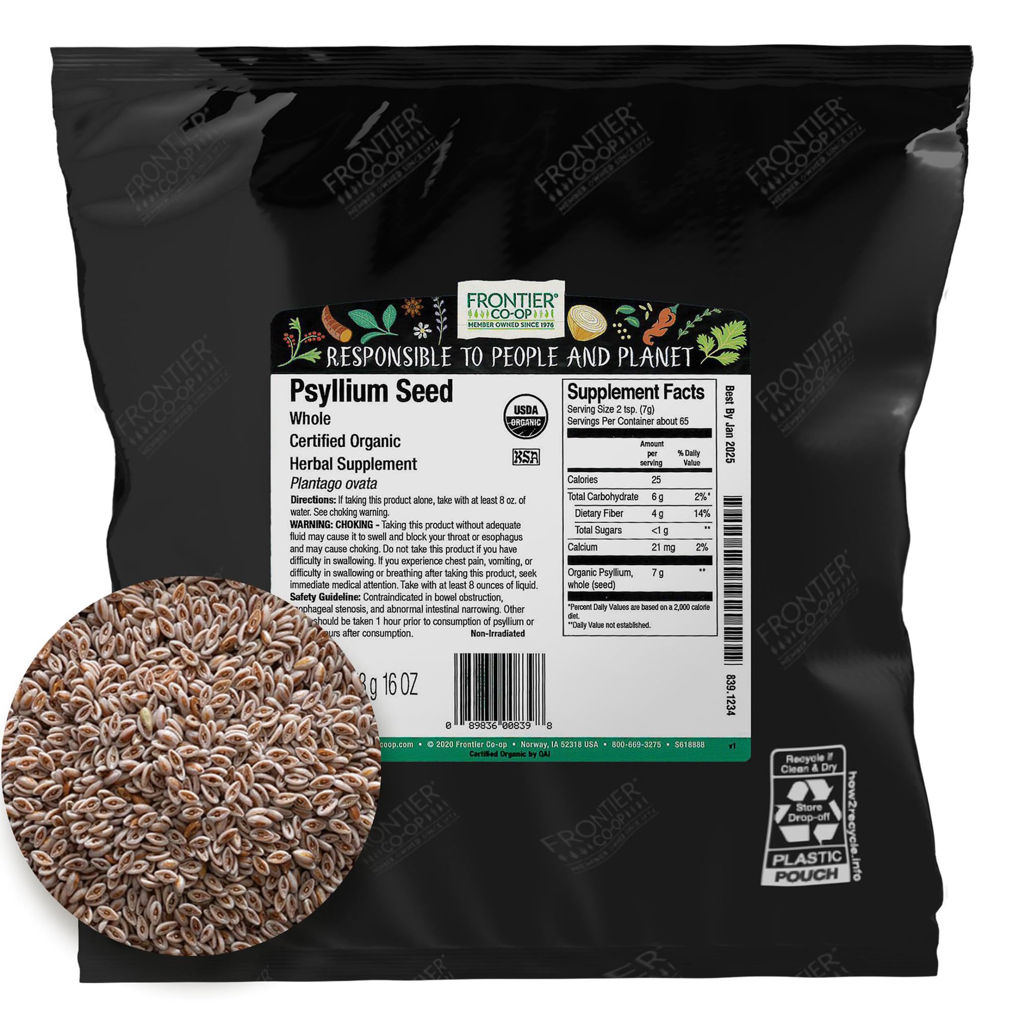 Frontier Co-op Organic Whole Psyllium Seed 1lb bulk bag - front view