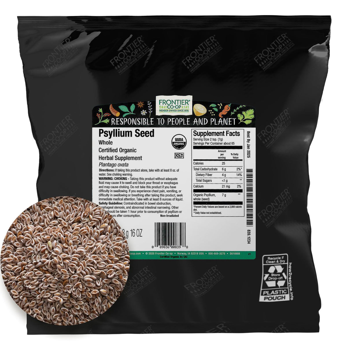 Frontier Co-op Organic Whole Psyllium Seed 1lb bulk bag - front view