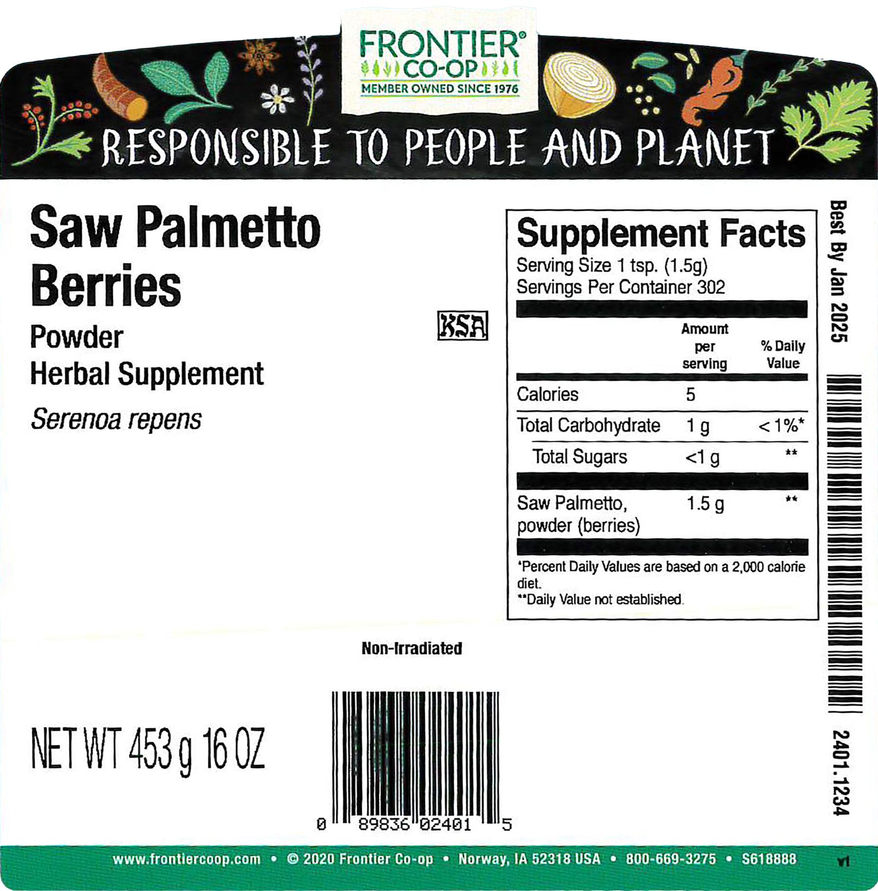 Bulk packaging of Saw Palmetto Berries Powder by Frontier Co-op