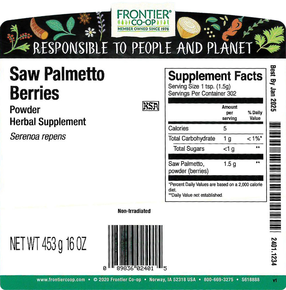 Bulk packaging of Saw Palmetto Berries Powder by Frontier Co-op