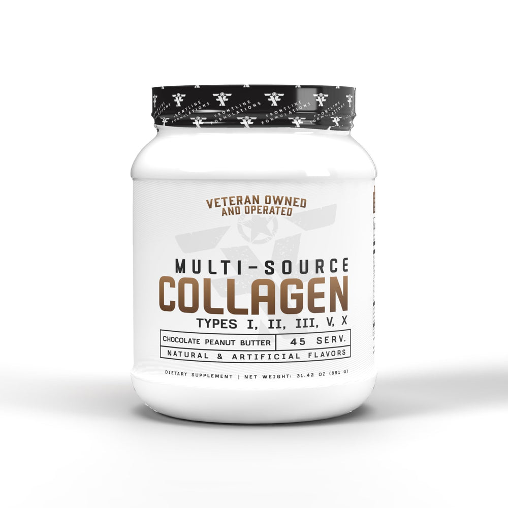 Frontline Formulations Multi-Source Collagen container label (Chocolate Peanut Butter)