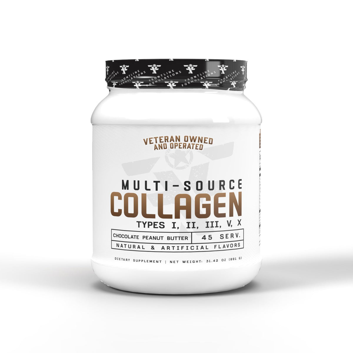 Frontline Formulations Multi-Source Collagen container label (Chocolate Peanut Butter)