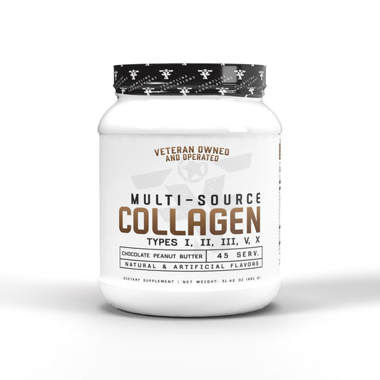 Frontline Formulations Multi-Source Collagen container label (Chocolate Peanut Butter)