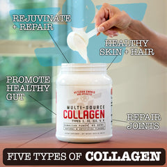 Scooping Chocolate Peanut Butter collagen powder into a glass