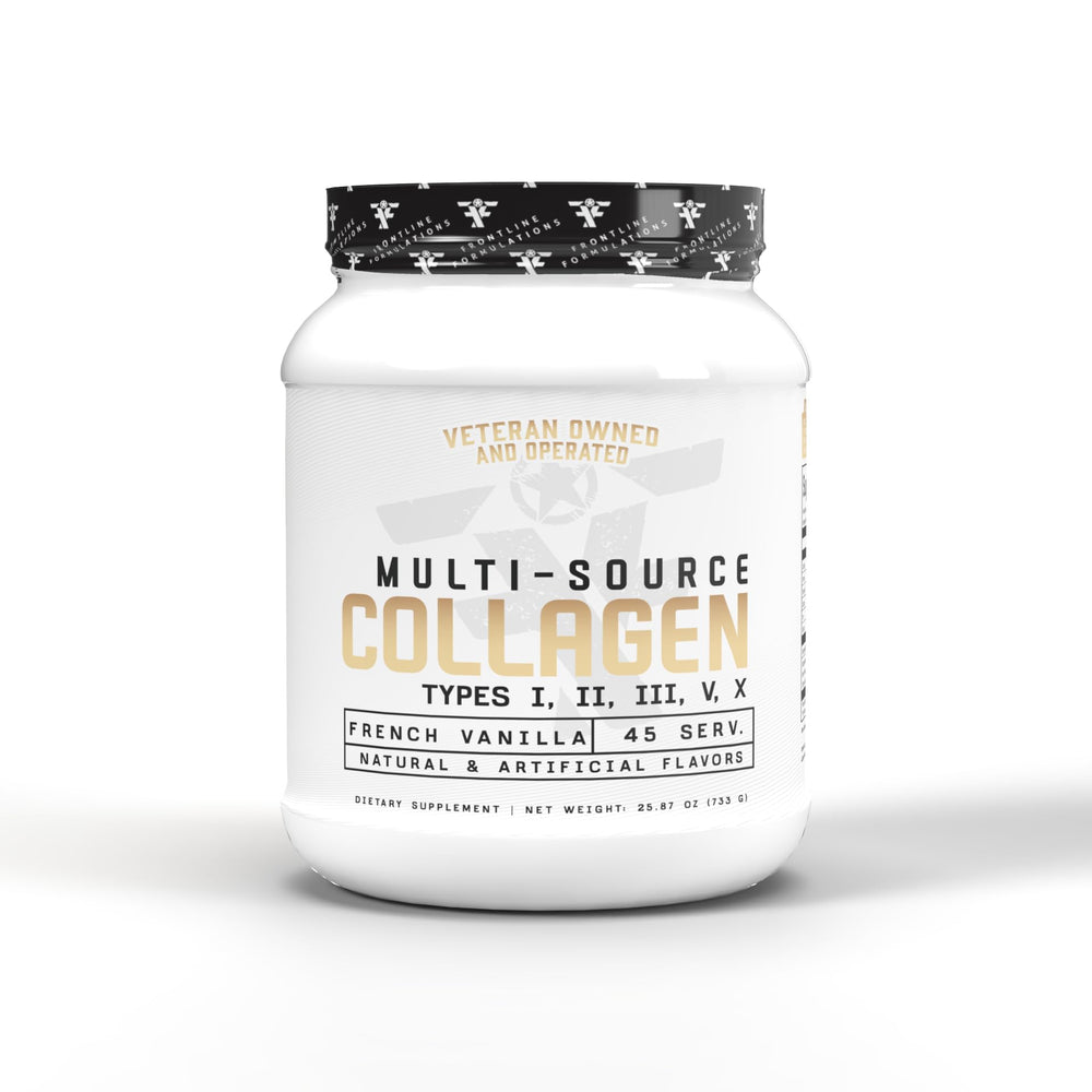 Frontline Formulations Multi-Source Collagen bottle label with French Vanilla flavor