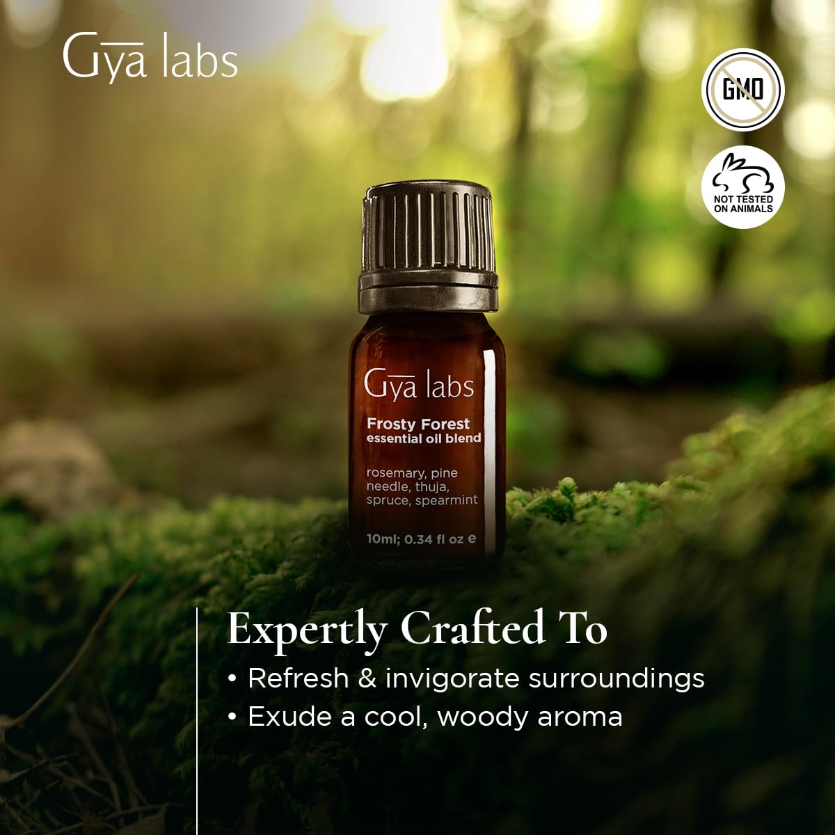 Close-up of Frosty Forest essential oil bottle