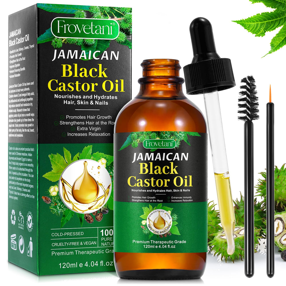 Frovetani Jamaican Black Castor Oil bottle closeup, premium organic oil for nourished hair