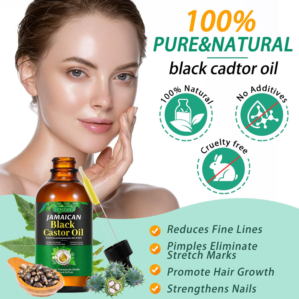 Frovetani Jamaican Black Castor Oil pour demonstrates easy scalp and lash application