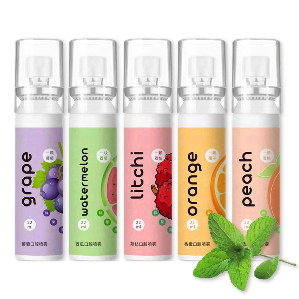 5PCS Fruit Oral Breath Spray bottle and packaging