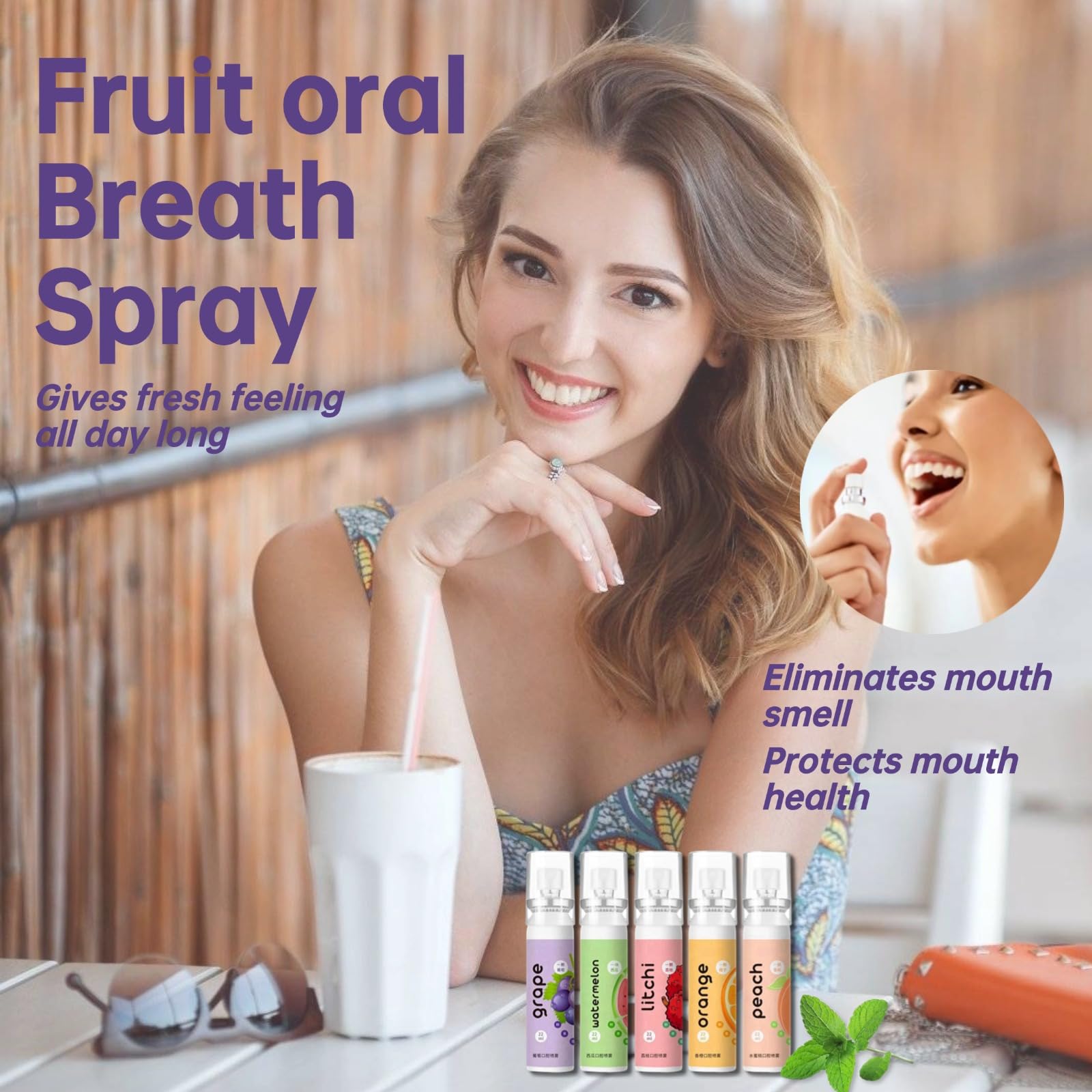 User applying breath spray for fresh breath