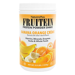 NaturesPlus FRUITEIN Banana Orange Creme Shake front label on a 2.8 lb tub