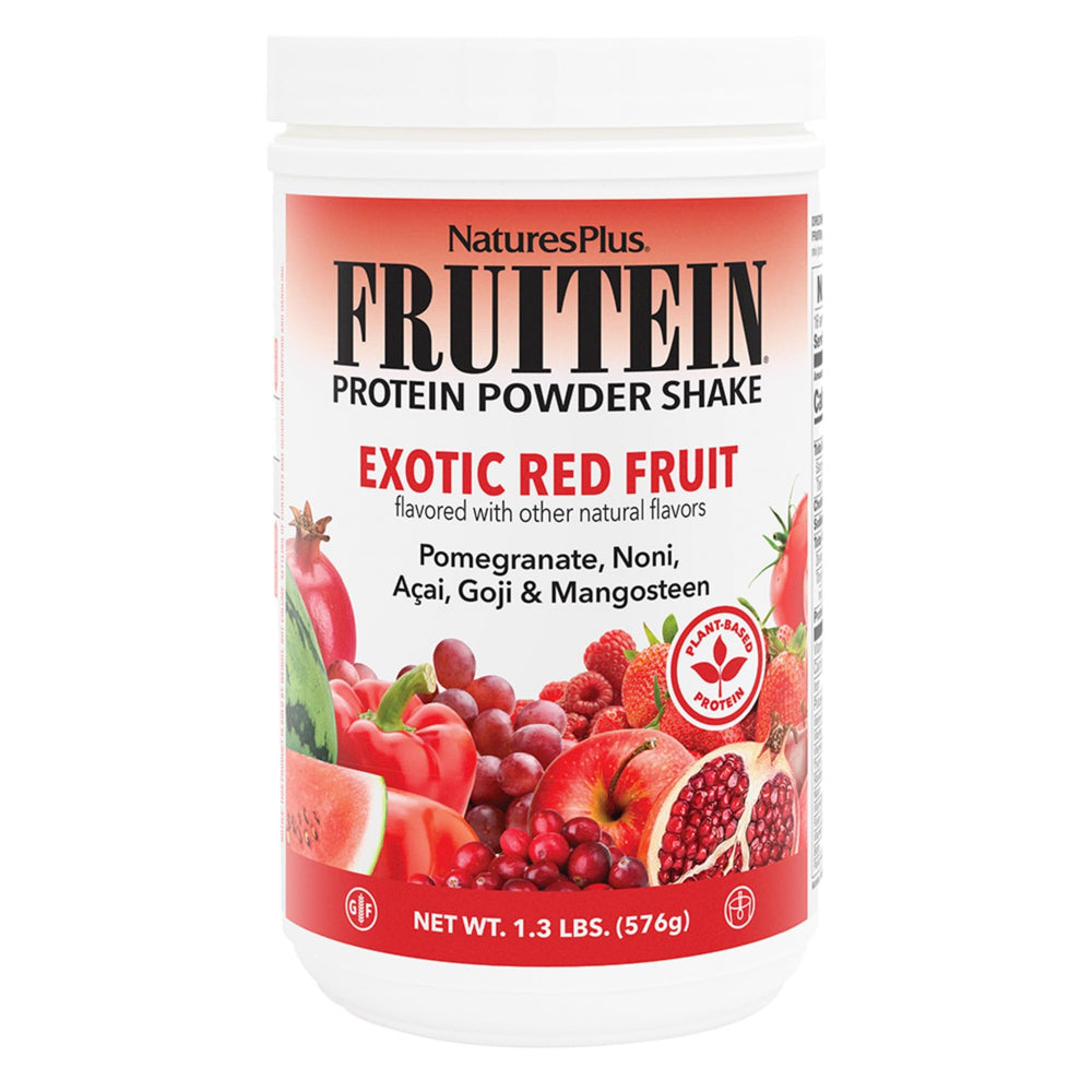 NaturesPlus FRUITEIN Exotic Red Fruit Shake canister label
