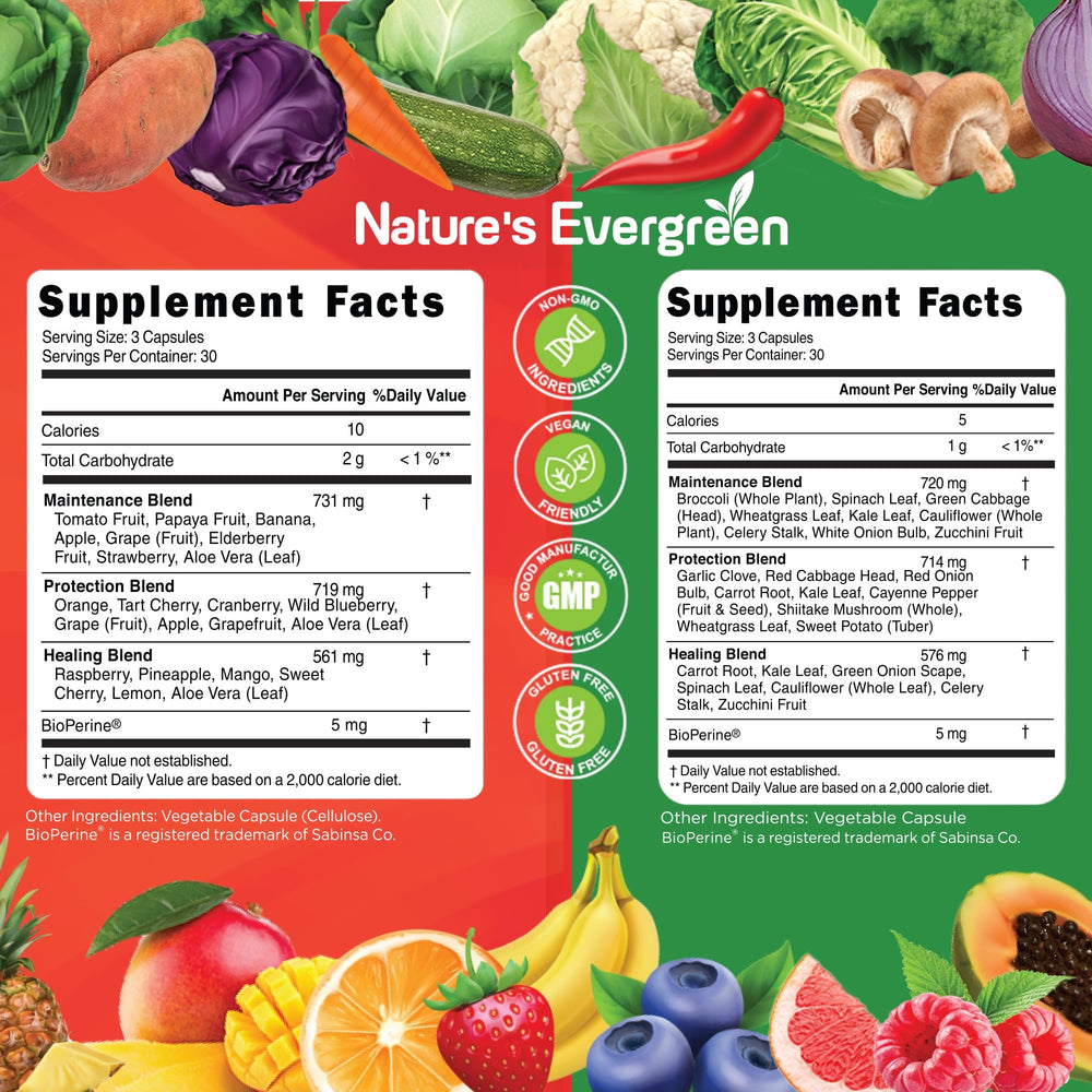Assorted fruits and vegetables used in the supplement ingredients