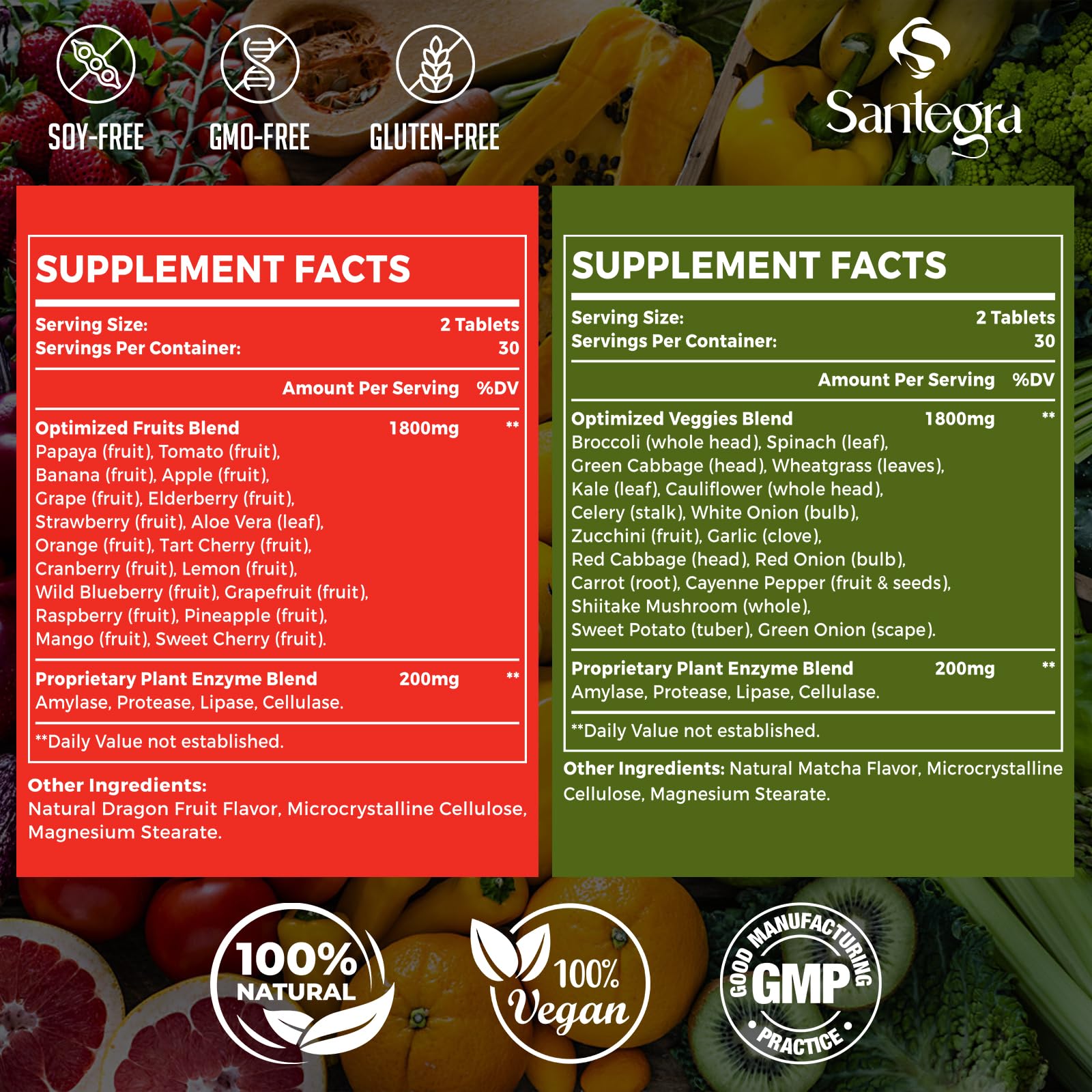Blend of 18 fruits and 17 vegetables in the supplement