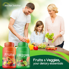 Green and red fruit and veggie capsules representing the two supplements