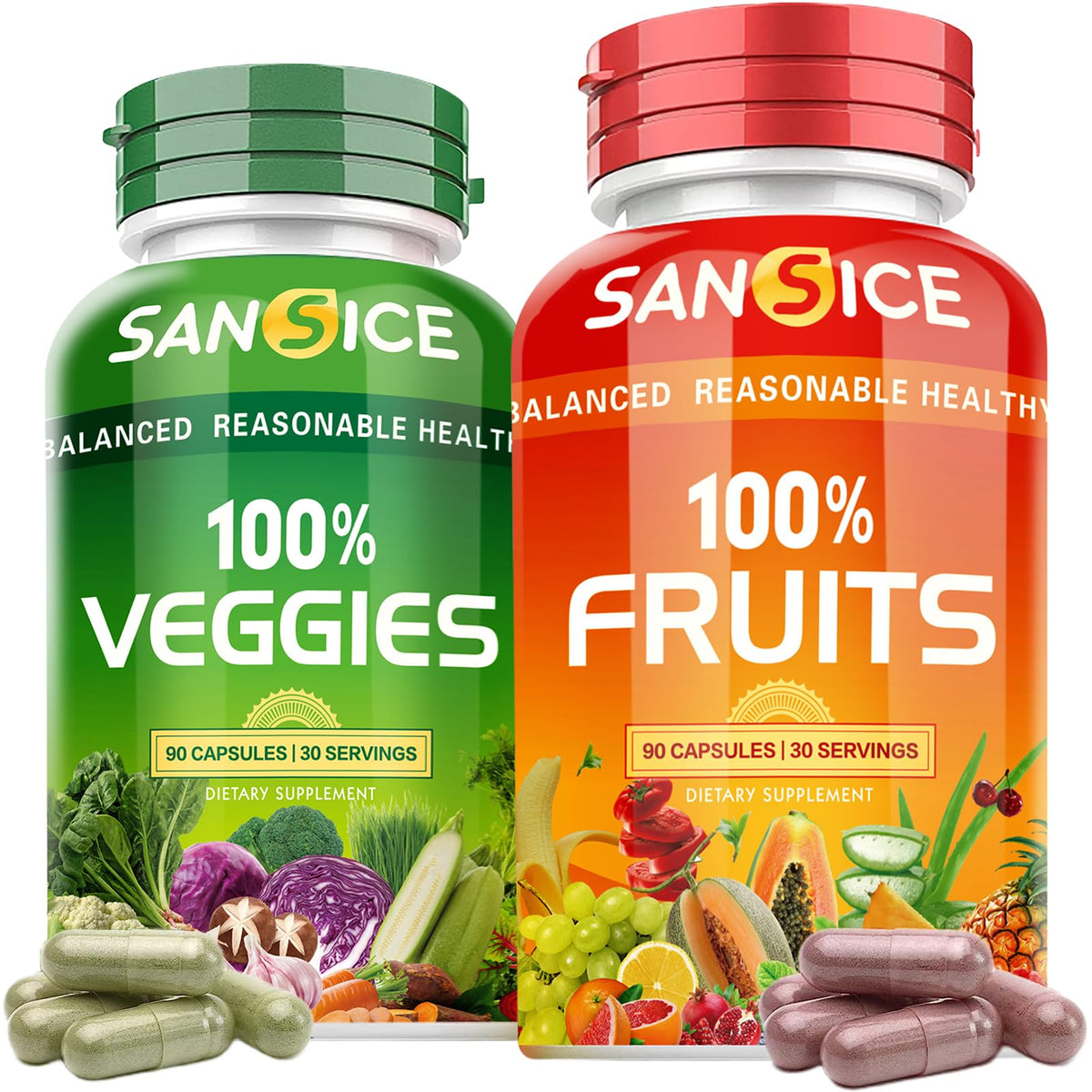 Close-up of mixed fruits and vegetables used in the supplement ingredients