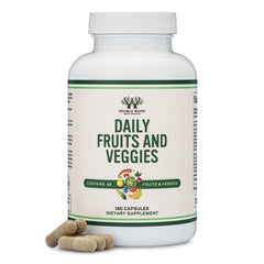 Bottle of Double Wood Fruits & Veggies Supplement on clean surface