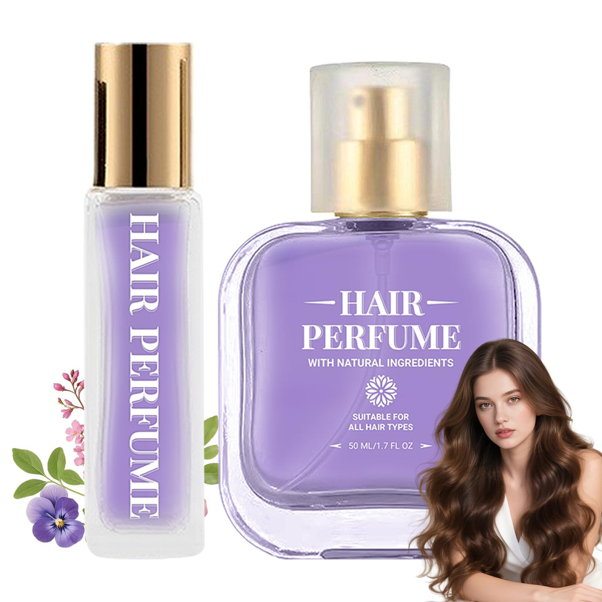 Fruity floral honey-infused hair perfume bottle shown for standard size, daily refresh.