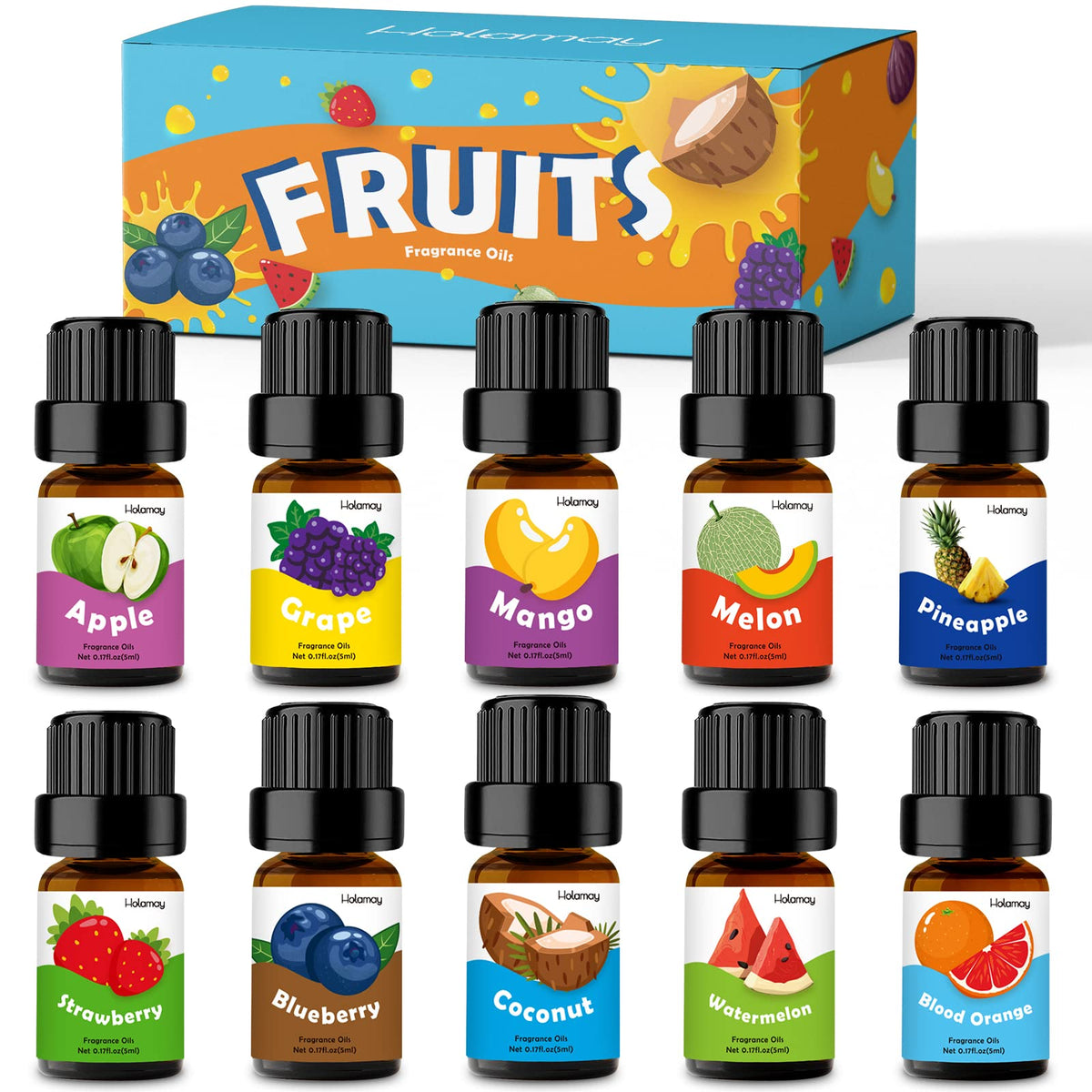 Holamay Fruity Fragrance Oils 10x5ml bottle set including coconut, strawberry, mango and pineapple