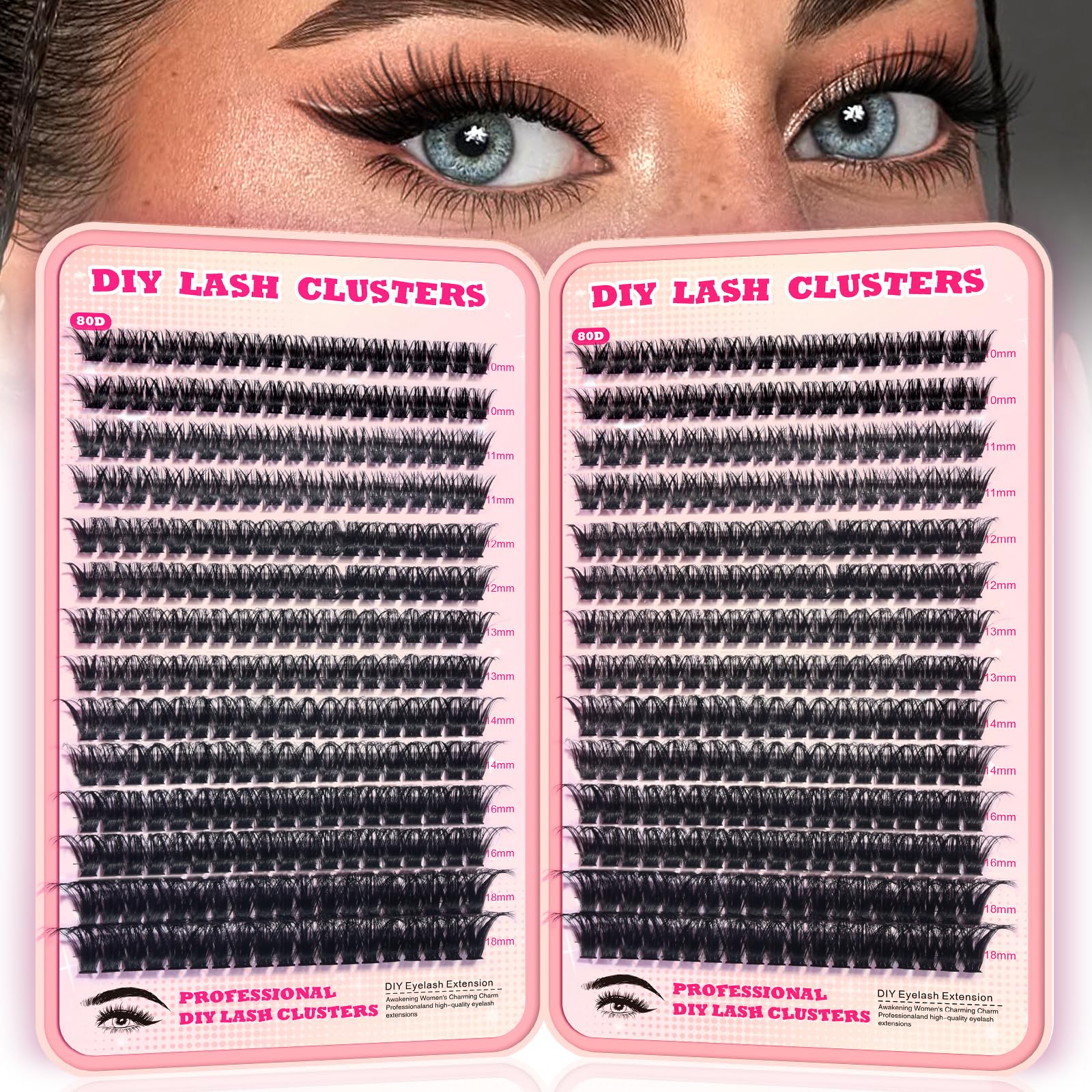 FTBZCF Lash Clusters 532pcs 80D kit shown for versatile DIY extensions across eye shapes.