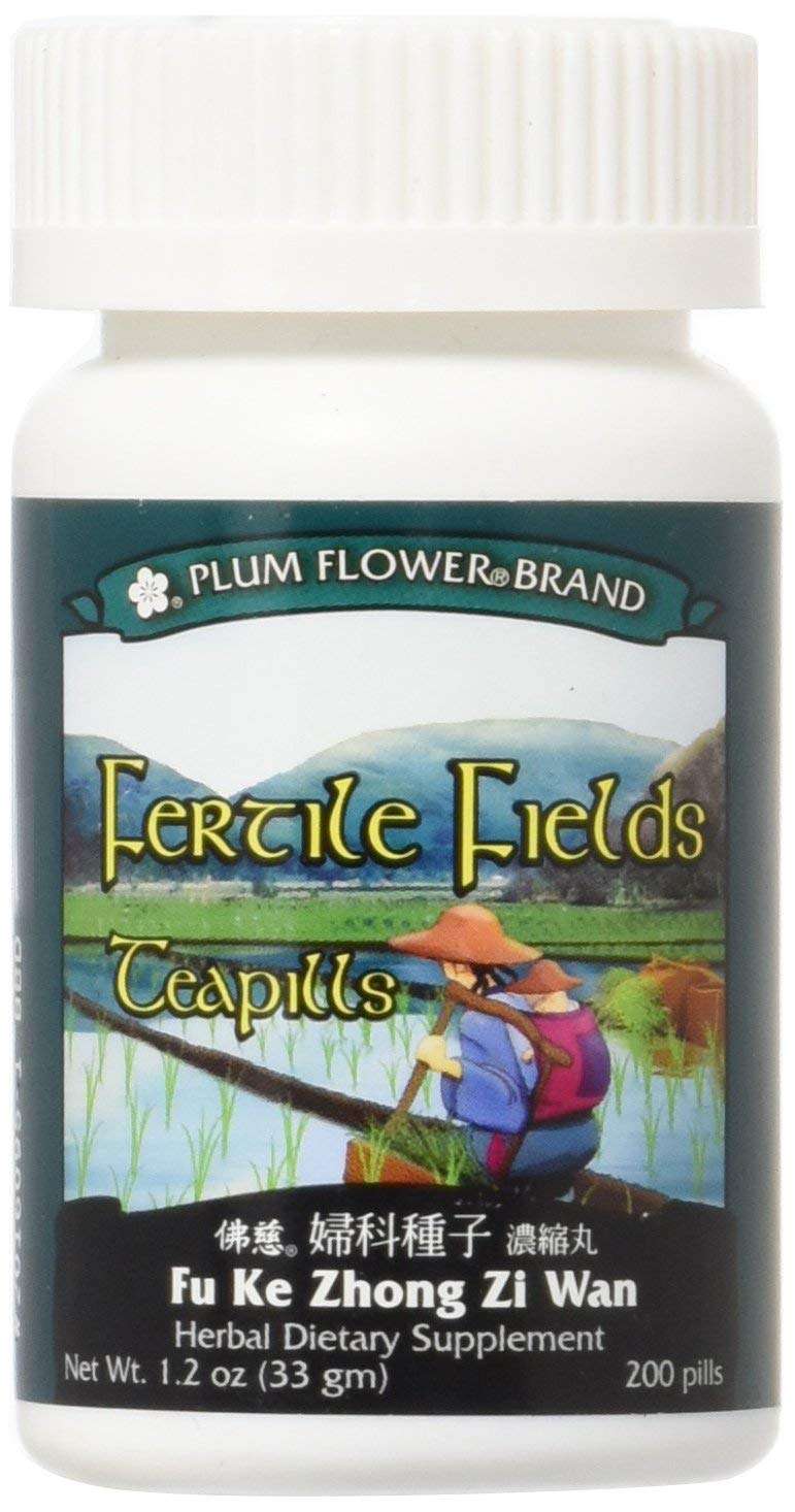 Fu Ke Zhong Zi Wan Fertile Fields Teapills bottle with Plum Flower design, front view, 200 count
