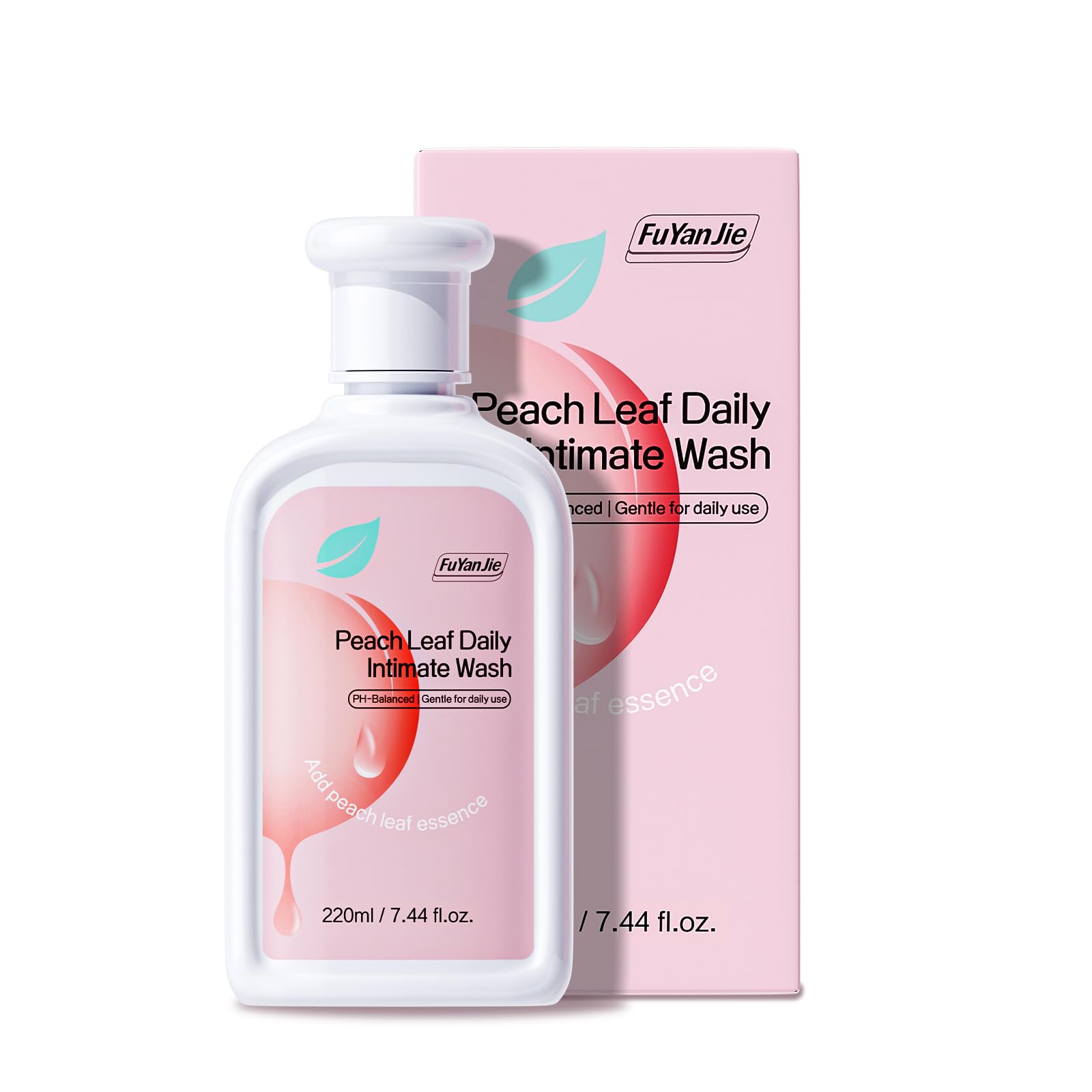 Fu Yan Jie Peach Leaf feminine wash bottle demonstrates gentle, pH-balanced daily care.
