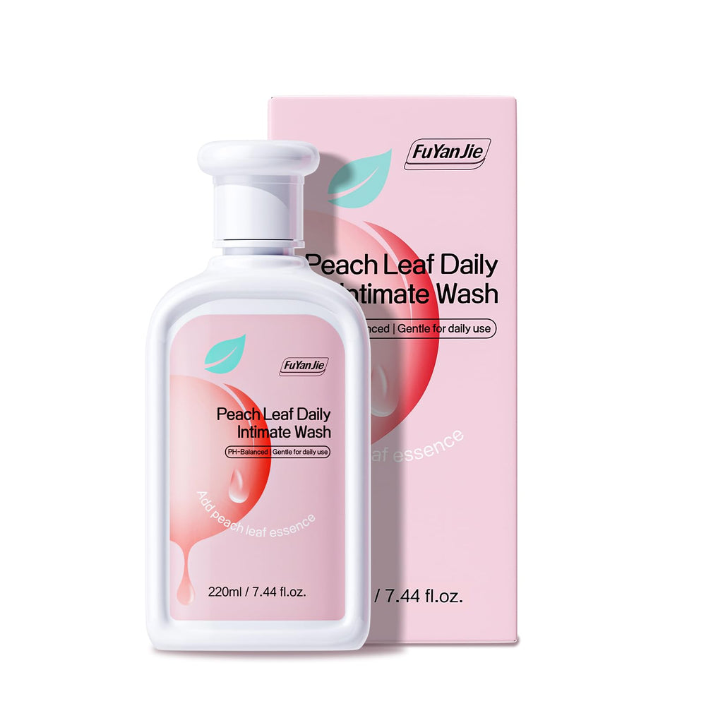Fu Yan Jie Peach Leaf feminine wash bottle demonstrates gentle, pH-balanced daily care.