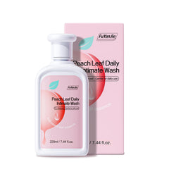 Fu Yan Jie Peach Leaf feminine wash bottle demonstrates gentle, pH-balanced daily care.